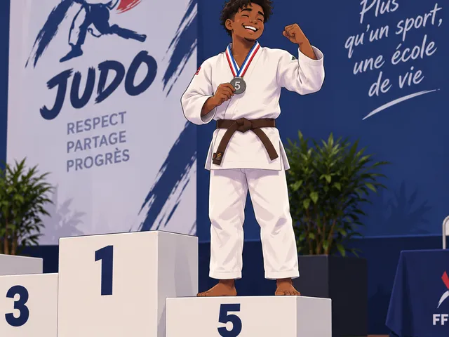Illustration : un jeune judoka en judogi blanc et ceinture marron, poing levé, brandit sa médaille sur le podium d'une compétition